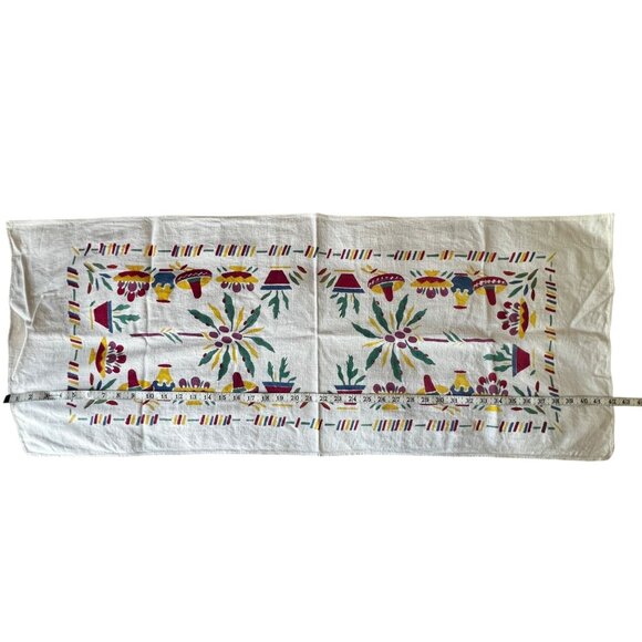 Unknown Other - Mexican Table Runner 42X16.5 Nubby White Cotton w/ Red Green Yellow Blue VTG MCM